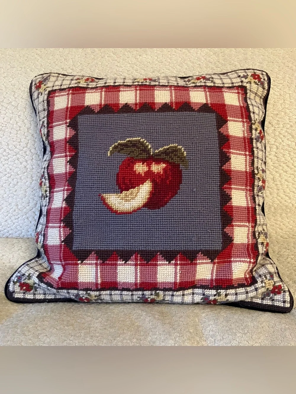 VTG Needlepoint Pillow Wool Apples Plaid Velvet Back 14” Cottage Country Granny